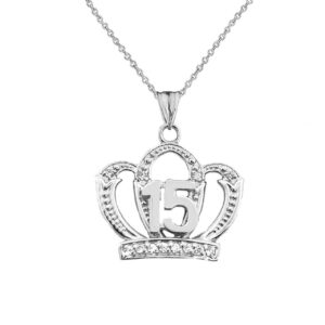 Precious Sterling Silver CZ Quinceanera Sweet 15 Años Princess Crown Pendant Necklace, 16"