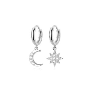 Reffeer Solid 925 Sterling Silver Star Moon Hoop Huggie Earrings Drops for Women Teen Girls Crystal Moon Star Hoop Earrings Dangle (A-Silver)