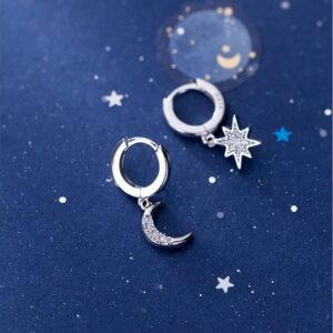 Reffeer Solid 925 Sterling Silver Star Moon Hoop Huggie Earrings Drops for Women Teen Girls Crystal Moon Star Hoop Earrings Dangle (A-Silver)