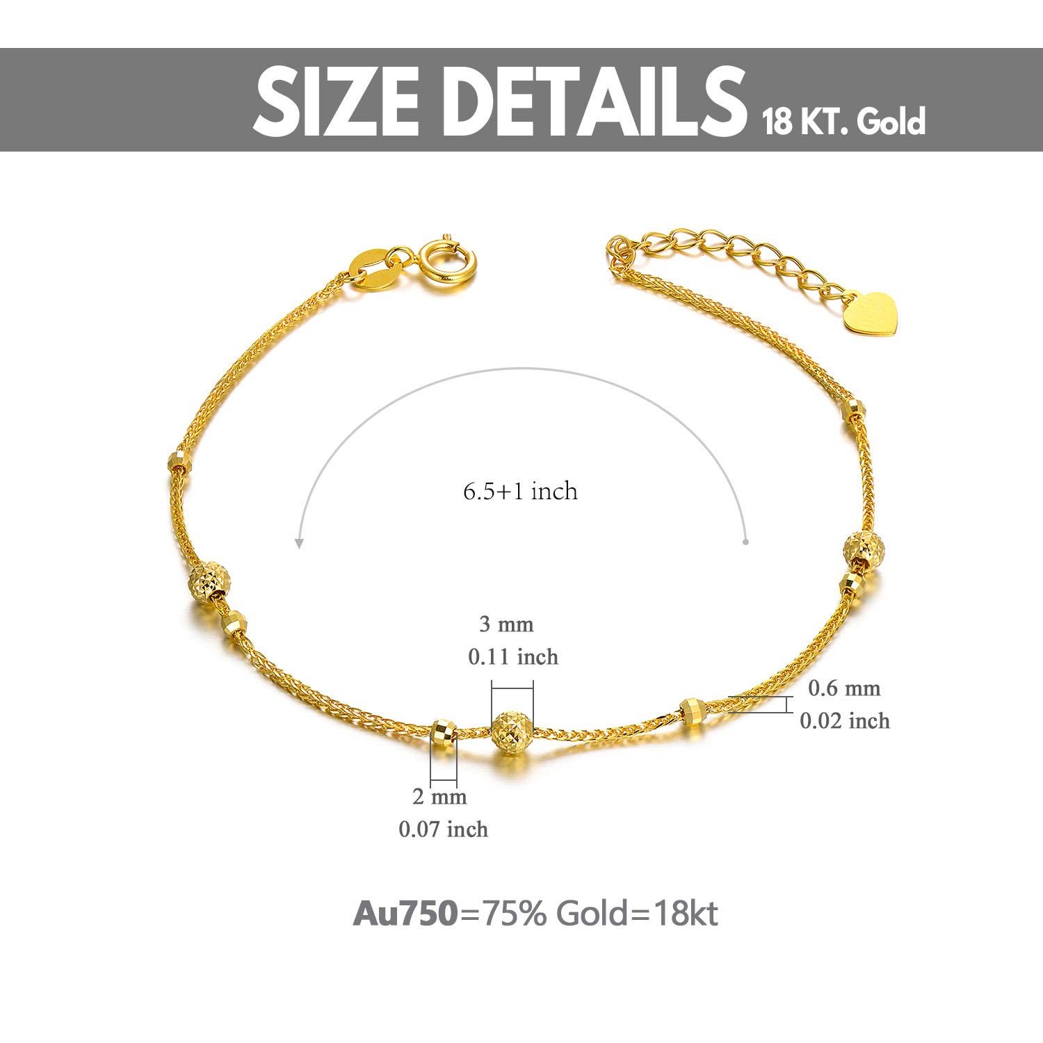 18K Solid Gold Bracelet for Women, Dainty Real Gold Beads Ball Adjustable Chain Bracelet Fine Jewelry Anniversary Christmas Gift for Her, Wife, Mom, Girls, 6.5"-7.5"