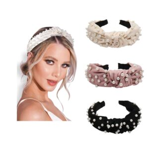 FEDANS Pearl Headbands Knotted Headbands for Women 3 Colors, Knot Turban Headband Fashion Hair Bands Wide Headbands