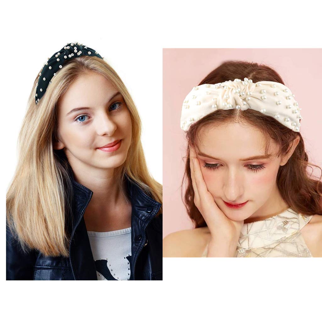 FEDANS Pearl Headbands Knotted Headbands for Women 3 Colors, Knot Turban Headband Fashion Hair Bands Wide Headbands