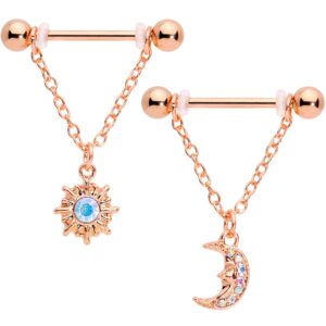 body candy 14g womens nipplerings piercing plated steel 2pc rosy moon sun chain dangle nipple ring set 5/8"