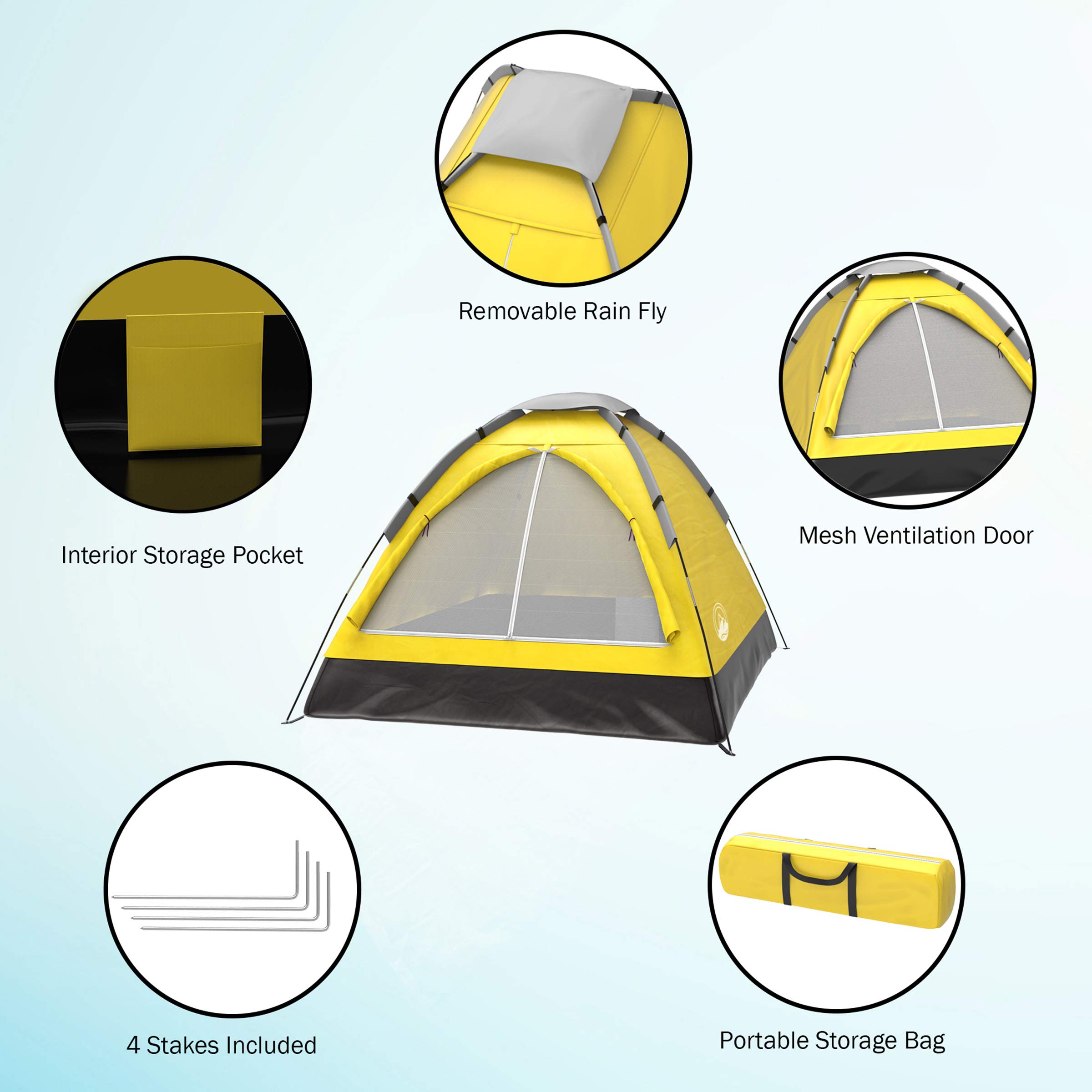 2-Person Dome Tent – Easy Set Up Shelter with Rain Fly and Carrying Bag for Camping, Beach, Hiking, and Festivals by Wakeman Outdoors (Yellow)