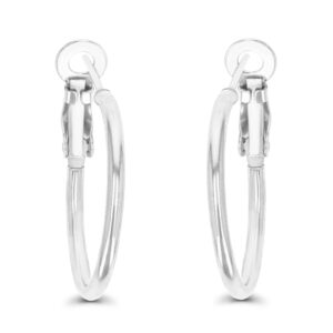 Sterling Silver Polished Omega Back Hoop Earrings for Women | 2x25mm Round Hoop Earrings | Secure Bar Closure | 14k Plated Shiny Classic Earrings