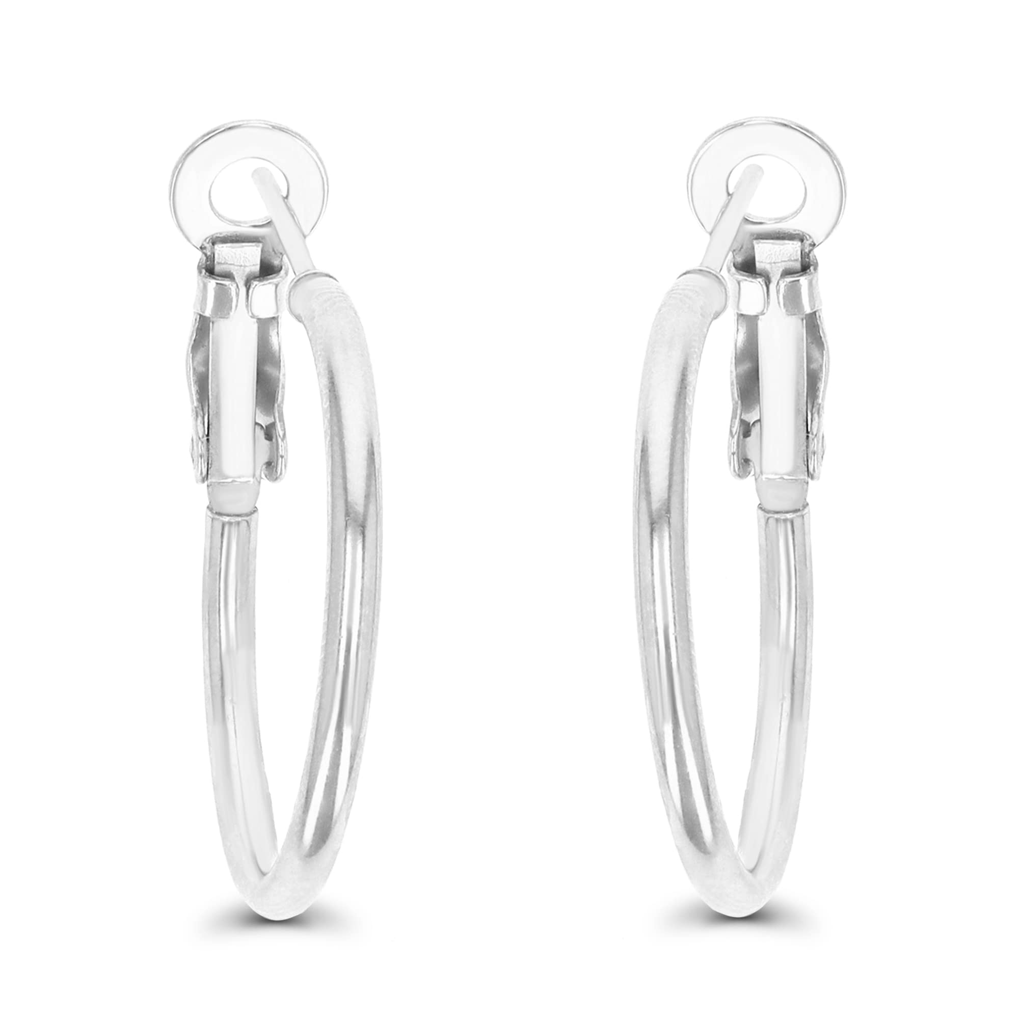 Sterling Silver Polished Omega Back Hoop Earrings for Women | 2x25mm Round Hoop Earrings | Secure Bar Closure | 14k Plated Shiny Classic Earrings