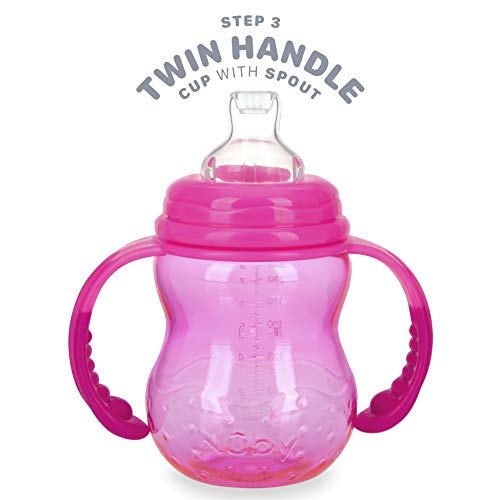 Nuby 3 Stage Tritan Wide Neck Grow with Me No-Spill Bottle to Cup, Pink, 5", 8 Oz