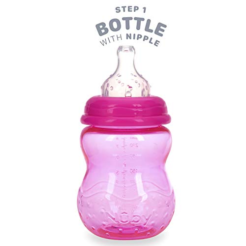 Nuby 3 Stage Tritan Wide Neck Grow with Me No-Spill Bottle to Cup, Pink, 5", 8 Oz