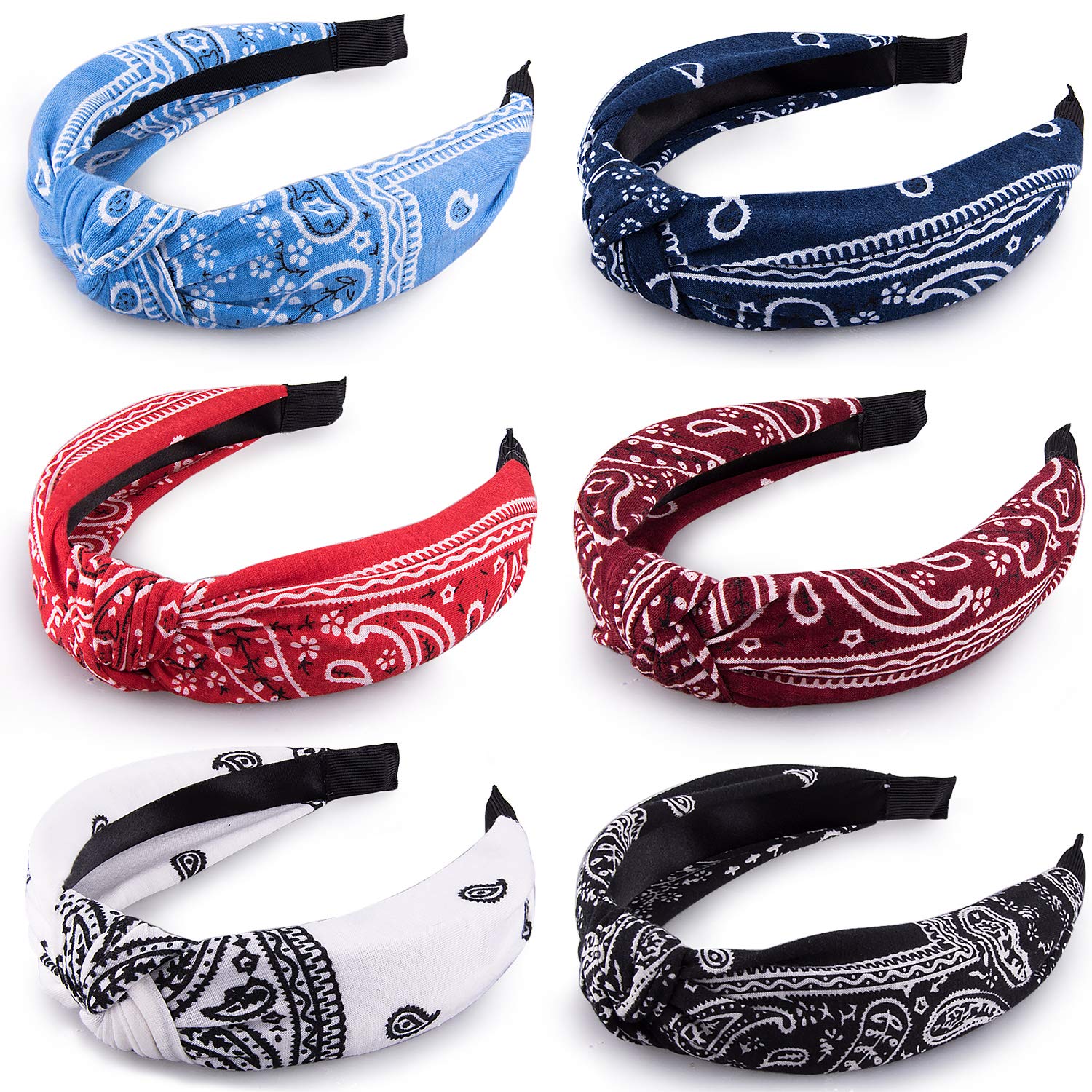 Duufin 6 Pieces Paisley Bandana Headbands Twisted Knot Boho Headbands Top Knot Headband Vintage Cross Knotted Headbands for Women and Girls