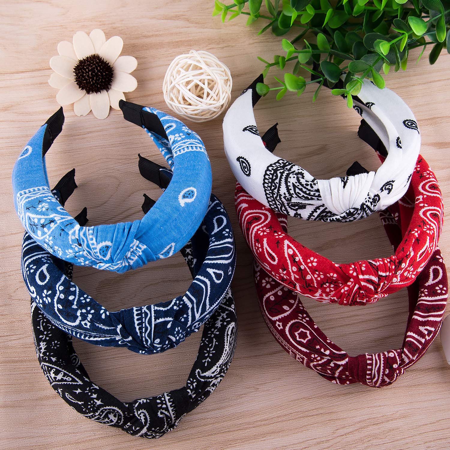 Duufin 6 Pieces Paisley Bandana Headbands Twisted Knot Boho Headbands Top Knot Headband Vintage Cross Knotted Headbands for Women and Girls