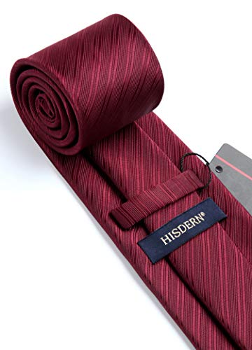 HISDERN Burgundy Ties for Men Formal Maroon Mens Ties and Pocket Square Set Wine Red Striped Silk Necktie Handkerchief for Wedding Business Graduation School Party