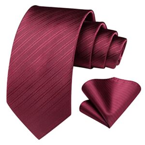 HISDERN Burgundy Ties for Men Formal Maroon Mens Ties and Pocket Square Set Wine Red Striped Silk Necktie Handkerchief for Wedding Business Graduation School Party