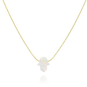 delicate 14k gold filled opal hamsa choker necklace - designer handmade minimalist collar with small white hand - 13.5 inch + 3 inch extending chain