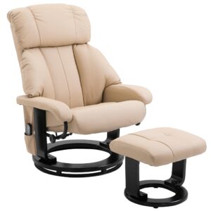 HOMCOM Massage Recliner Chair with Ottoman, 360° Swivel Recliner and Footstool, 10 Point Vibration, PU Leather Reclining Chair with Side Pocket and Remote Control, Beige