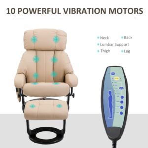 HOMCOM Massage Recliner Chair with Ottoman, 360° Swivel Recliner and Footstool, 10 Point Vibration, PU Leather Reclining Chair with Side Pocket and Remote Control, Beige