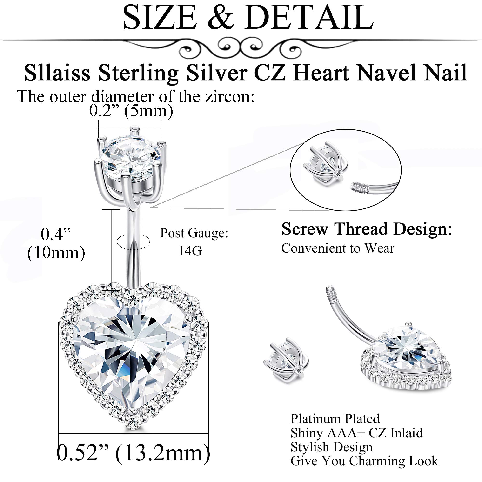 Sllaiss 925 Sterling Silver Heart Belly Button Rings for Women Men CZ Love Navel Barbell Studs Piercing Screw Navel Bars Body Piercing Jewelry 14G