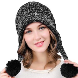 DOCILA Winter Knit Hats for Women Soft Faux Fur Pom Ear Flaps Beanie Warm Travel Ear Covers Peruvian Hat Fleece Liner Sherpa Skii Snow Camping Skully Cap (Black)