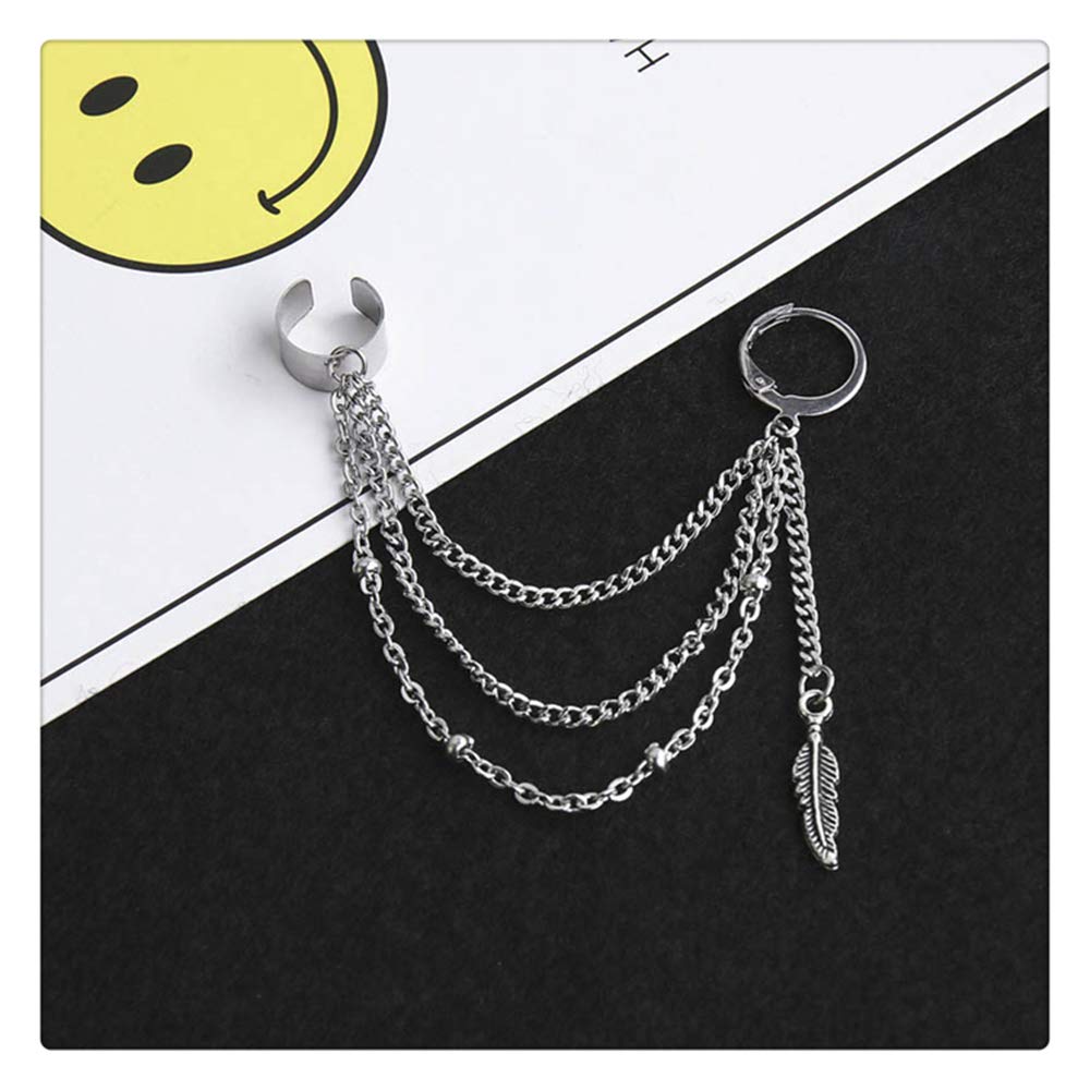 Vintage Tassel Ear Cuff Crawler Climber Earring for Women Girls Men Stainless Steel Cartilage Small Hoop Wrap Vine Clip on Feather Leaf Multi Layered Chain Drop Fashion Jewelry 1 Piece