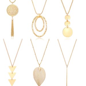 Fesciory 6 PCS Long Pendant Necklace for Women, Gold Bar Circle Leaf Triangle Tassel Y Necklace Set(Set 2)