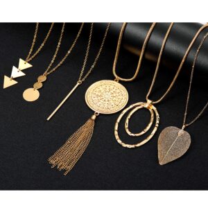 Fesciory 6 PCS Long Pendant Necklace for Women, Gold Bar Circle Leaf Triangle Tassel Y Necklace Set(Set 2)