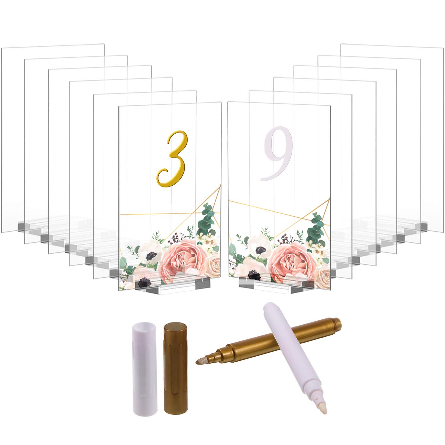 Blulu 12 Packs 5 x 7 Inch Clear Blank Acrylic Sign with Stands White and Gold Pen Set Acrylic Wedding Signs Blank with Holder Menu Table Number Display Picture Stand for Wedding Restaurant Party