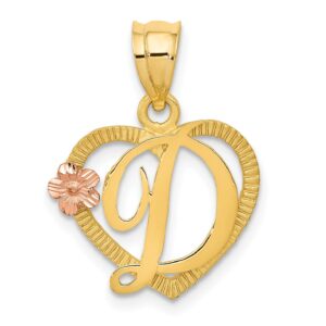 14k two-tone yellow gold letter d initial with rose gold flower inside open heart pendant 22x16mm