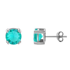 sea of ice sterling silver round-cut simulated gemstone stud earing for women – simulated teal faceted gemstone cut 8 mm - elegant sterling silver earrings for women – nickel-free