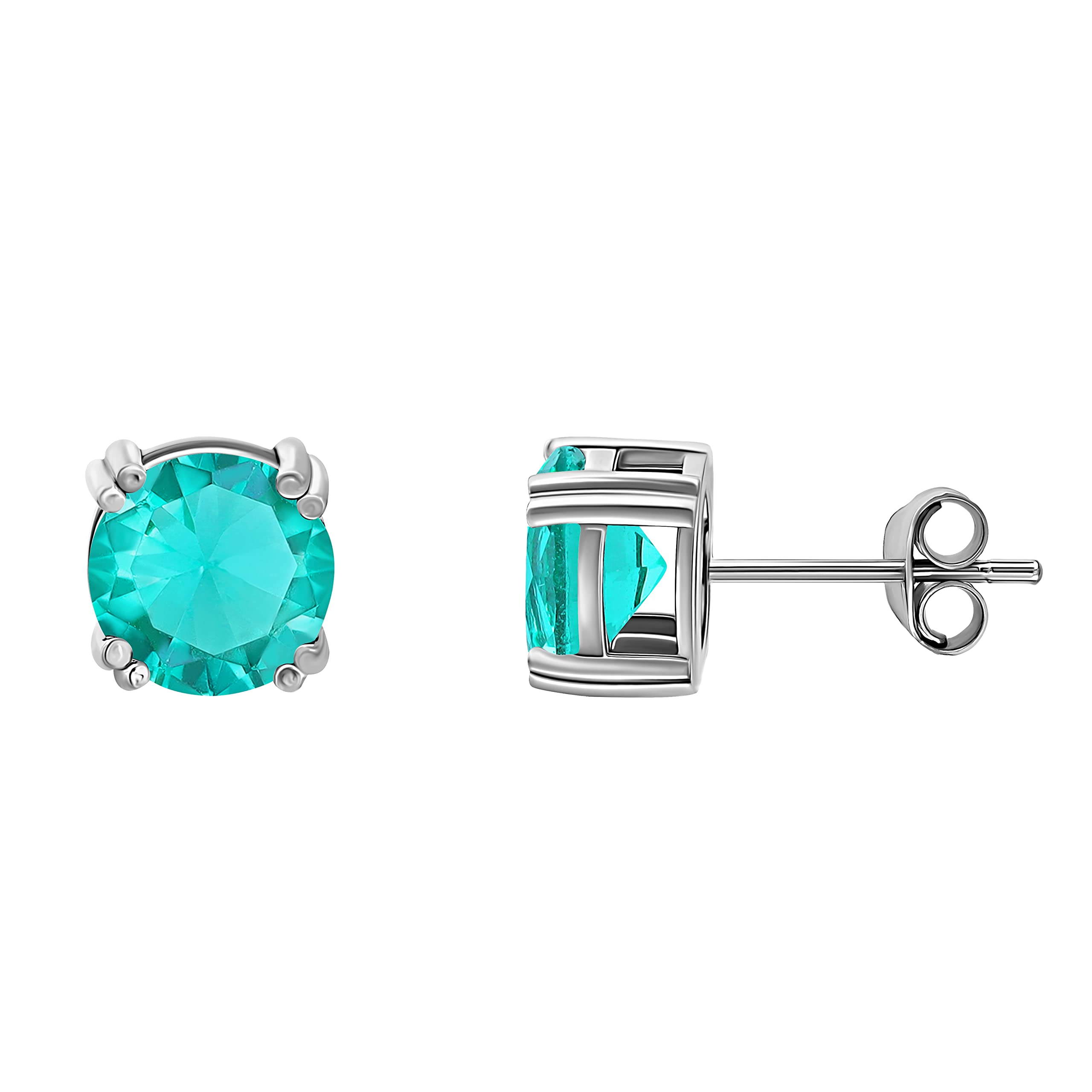 Sea of Ice Sterling Silver Round-Cut Simulated Gemstone Stud Earing for Women – Simulated Teal Faceted Gemstone cut 8 mm - Elegant Sterling Silver Earrings for Women – Nickel-Free