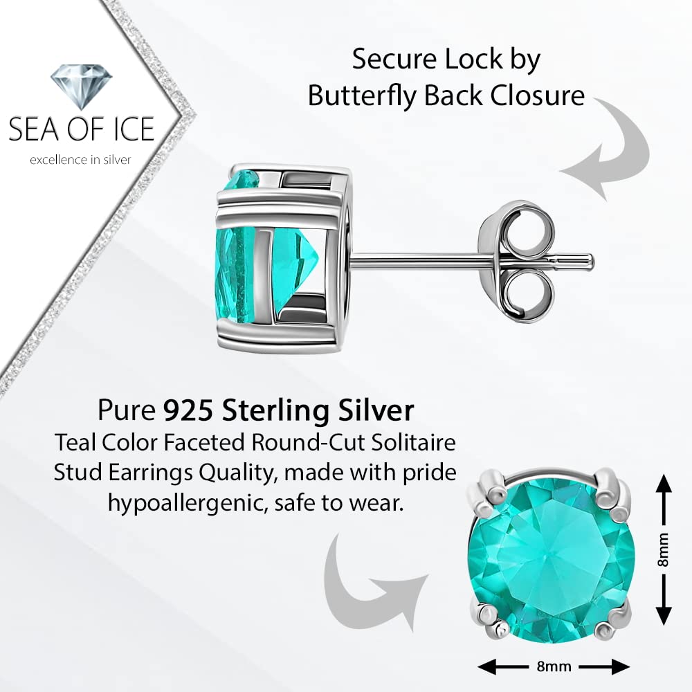 Sea of Ice Sterling Silver Round-Cut Simulated Gemstone Stud Earing for Women – Simulated Teal Faceted Gemstone cut 8 mm - Elegant Sterling Silver Earrings for Women – Nickel-Free