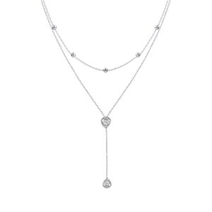 FLYOW S925 Sterling Silver Double Layered Necklace Teardrop CZ Choker Y Lariat Necklace Christmas Birthday Gifts for Women Wife Fiancée