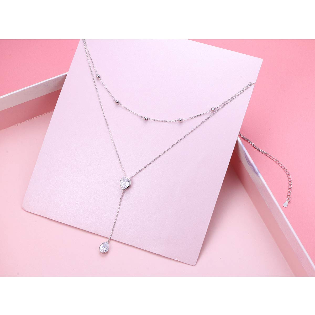 FLYOW S925 Sterling Silver Double Layered Necklace Teardrop CZ Choker Y Lariat Necklace Christmas Birthday Gifts for Women Wife Fiancée