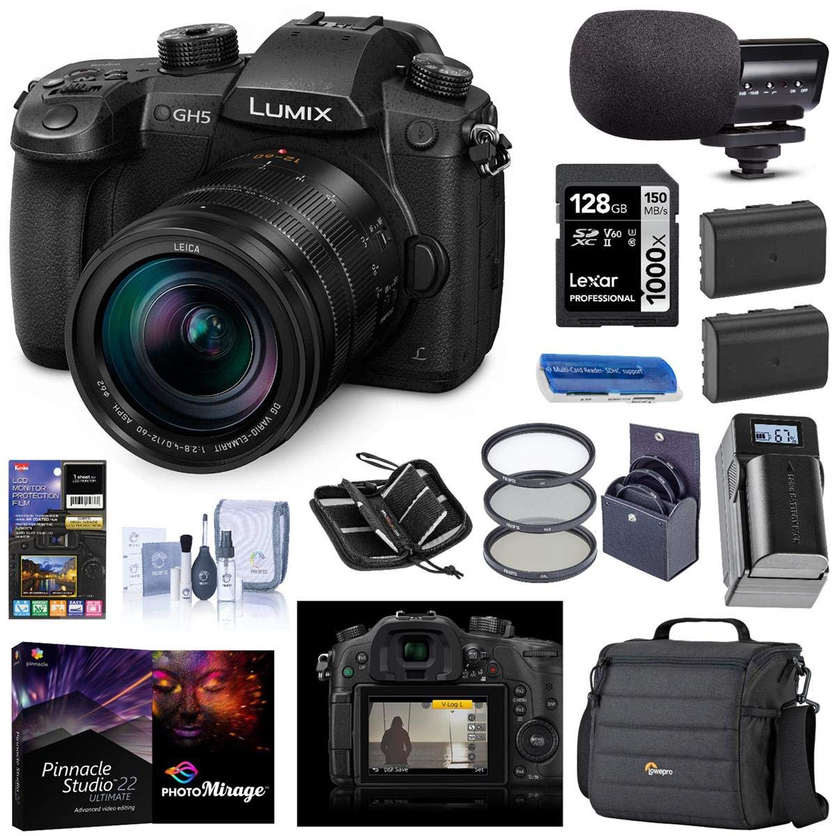 Panasonic LUMIX GH5 4K Mirrorless Digital Camera with Leica 12-60mm F/2.8-4.0 Lens, (DC-GH5LK), Bundle with V-Log L Upgrade Kit, Mic, 2 Battery, Filter, PC Software, 128GB SD Card + Accessories