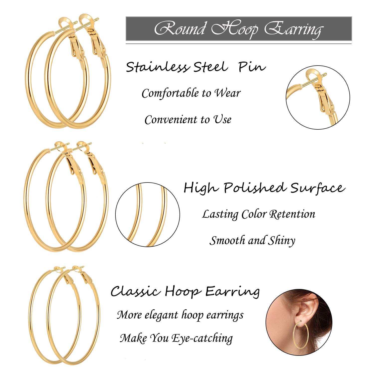 12 Pairs Stainless Steel Hoop Earrings Hypoallergenic Gold Hoops Earrings Set for Women