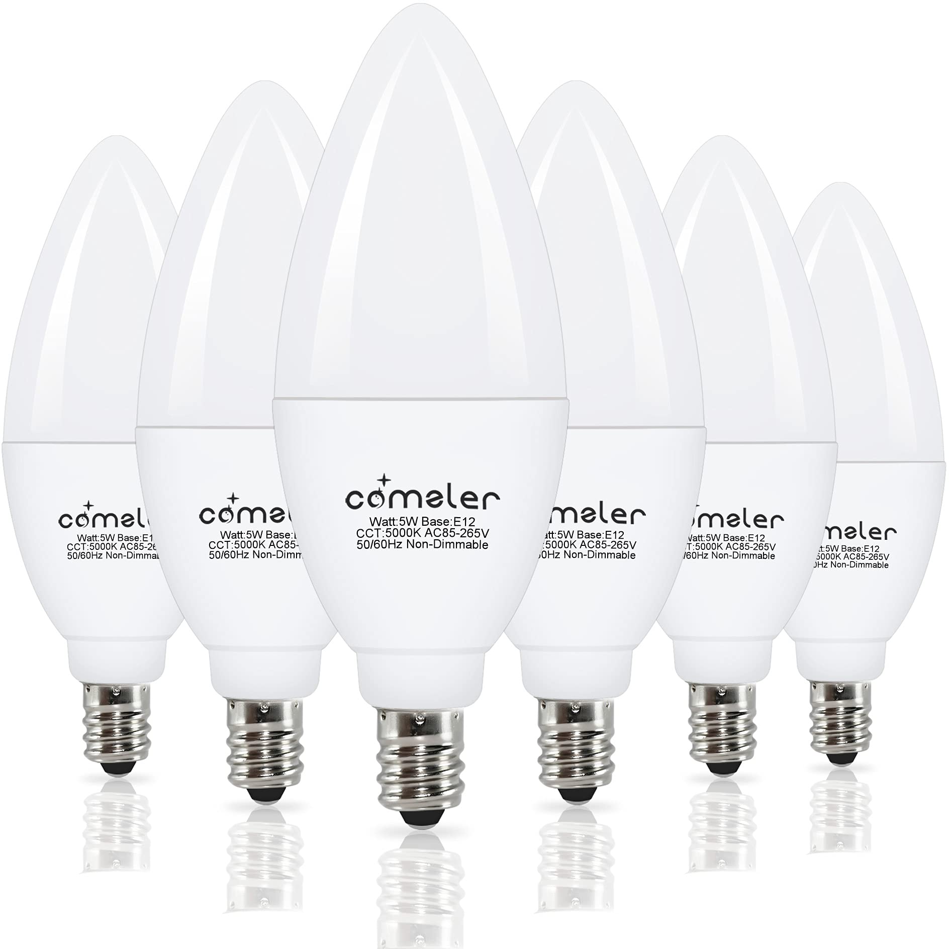 comzler E12 Ceiling Fan Light Bulbs, LED Candelabra Bulbs, 5 Watt (60 Watt Equivalent), Daylight 5000K LED Chandelier Light Bulbs, Candle Bulb Small Base for Chandelier, Non-Dimmable (6 Pack)