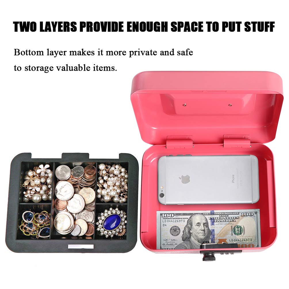 Jssmst Medium Cash Box with Combination Lock - Durable Metal Cash Box with Money Tray Pink,7.87 x 6.3 x 3.35 inches,CB0704M