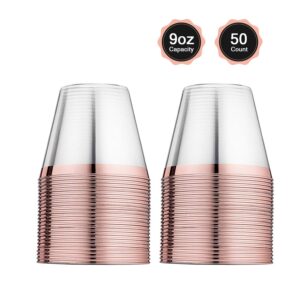 KARRAHOME 50 Rose Gold Cups 9 Oz Rose Gold Plastic Cups Fancy Disposable Wedding Cups Elegant Party Cups with Rose Gold Rim Flexible Party Wedding Rose Gold Plastic Tumblers