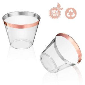 KARRAHOME 50 Rose Gold Cups 9 Oz Rose Gold Plastic Cups Fancy Disposable Wedding Cups Elegant Party Cups with Rose Gold Rim Flexible Party Wedding Rose Gold Plastic Tumblers