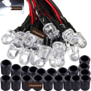 ltvystore 20pack 10mm 12v white led pre wired prewired 7.87 inch lamp light bulb prewired emitting diode& 20pack black 10mm led plastic clip holder display panel (white)