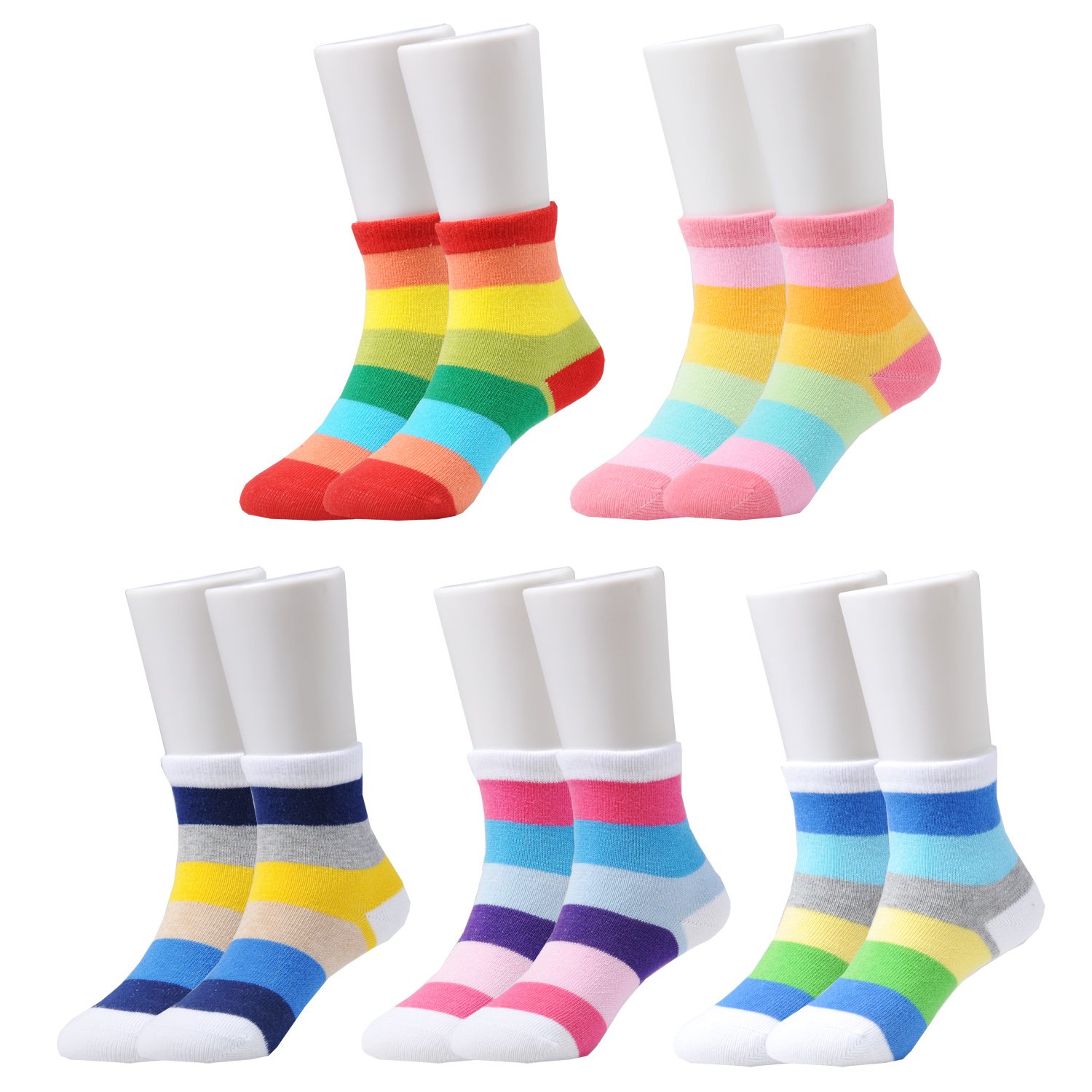 EPEIUS Little Girls' 5 Pack Seamless Rainbow Stripes Crew Socks Kids Girls Cotton Dress Socks for 3-5 Years,Smooth Toes Socks,Shoe Size 8.5-11