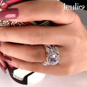 Jeulia 4 Carat Leaf Rings for Women 925 Sterling Silver 18 K Rose Gold Plated Round Cut Engagement Ring Set White Diamond Halo Cubic Zirconia Wedding band CZ Solitaire Anniversary Promise Rings (9)