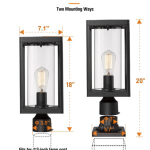 Beionxii Outdoor Post Lantern, 20inch Large Modern Lamp Post Light Fixture Exterior Pillar Lights with Pier Mount Base, Black Cast Aluminum w/Clear Cylinder Glass - A291P-2PK