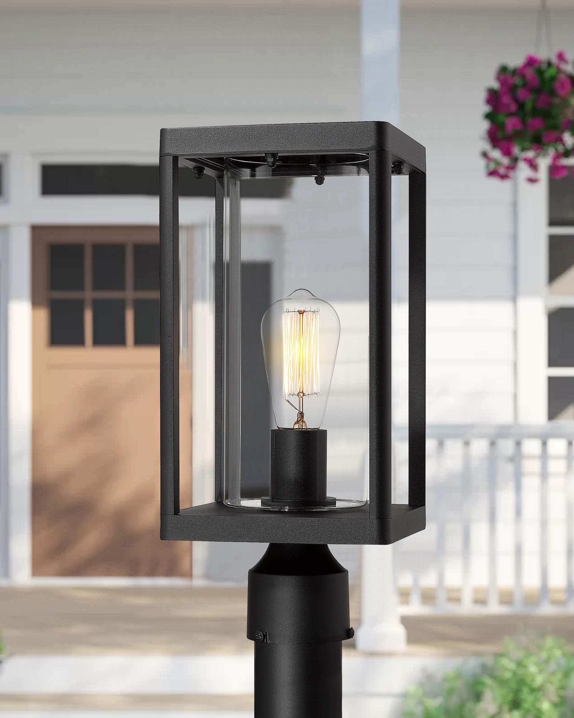 Beionxii Outdoor Post Lantern, 20inch Large Modern Lamp Post Light Fixture Exterior Pillar Lights with Pier Mount Base, Black Cast Aluminum w/Clear Cylinder Glass - A291P-2PK