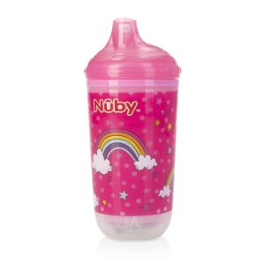 nuby insulated light up cup with no spill bite resistant hard spout, pink rainbow, 10 oz