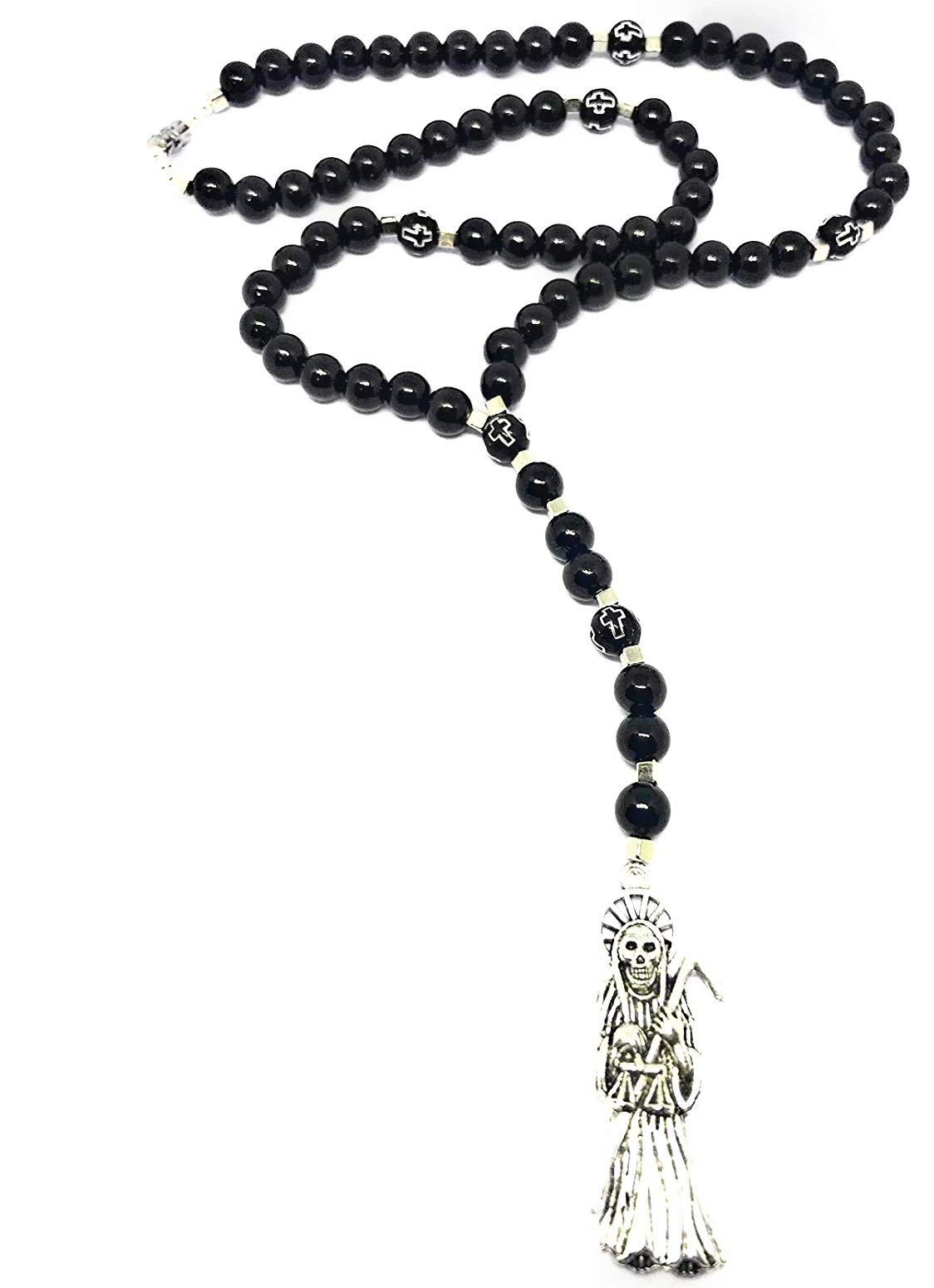 Acrylic Holy death's necklace, rosary style. Collar de la Santa Muerte de acrilico estilo rosario. Grim reaper Y style necklace.