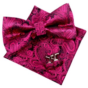 alizeal mens retro paisley pre-tied bow tie, pocket square and cufflinks, black+ hot pink