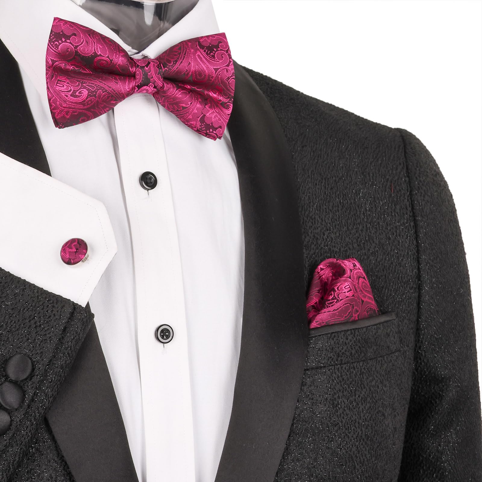 Alizeal Mens Retro Paisley Pre-tied Bow Tie, Pocket Square and Cufflinks, Black+ Hot Pink