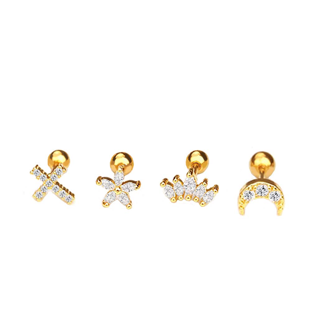 NewZenro Flower Cross 16g Ear Cartilage Helix Surgical Stainless Steel Cubic Zirconia Studs Cartilage Earrings Huggie Screw Backs Ear Tragus Auricle Nose Lip Piercing Jewelry Set (Gold)