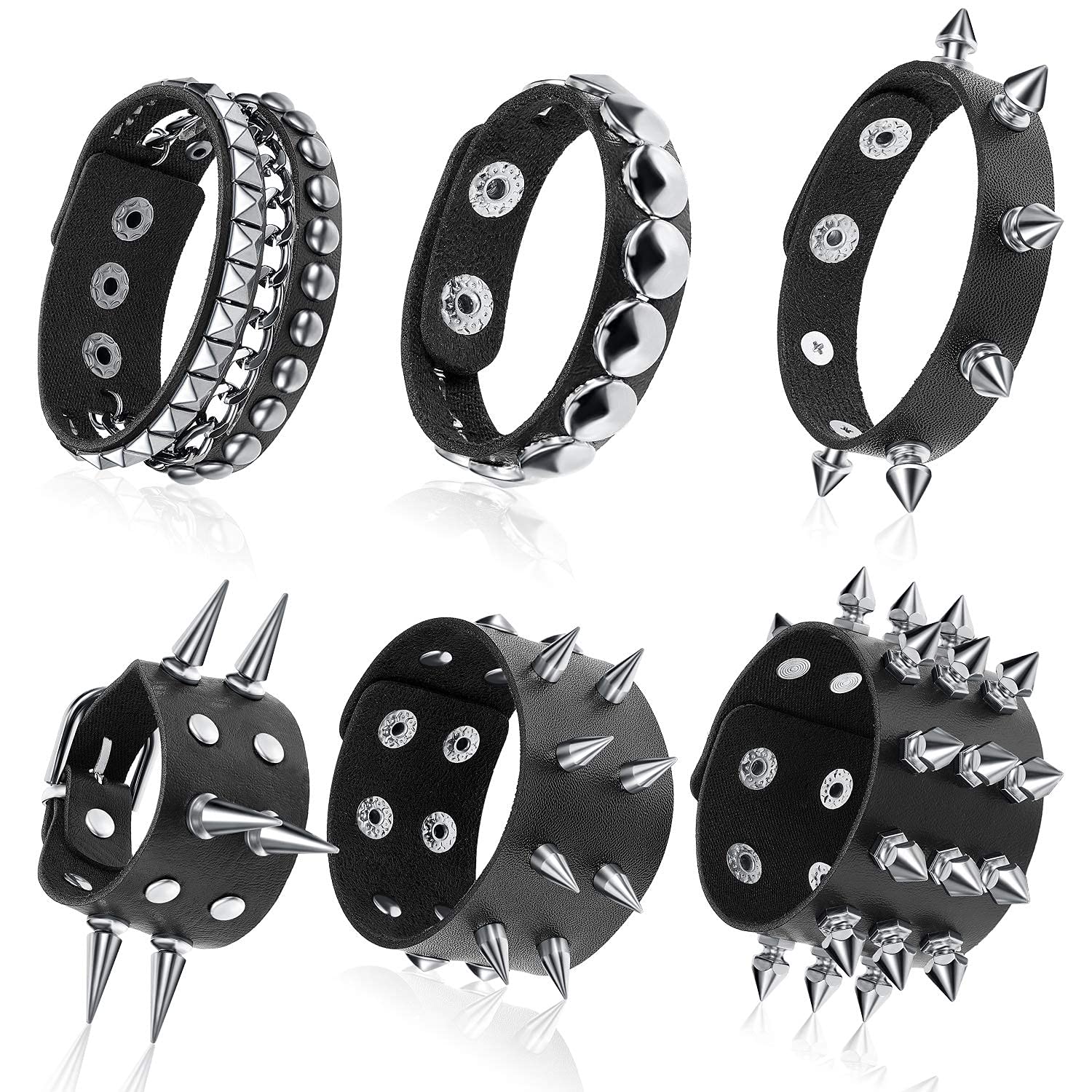 Hicarer 6 Pcs Spiked Studded Bracelets Punk Leather Rivets Bracelet Cuff for Men Women Halloween Accessories(Classic Style)