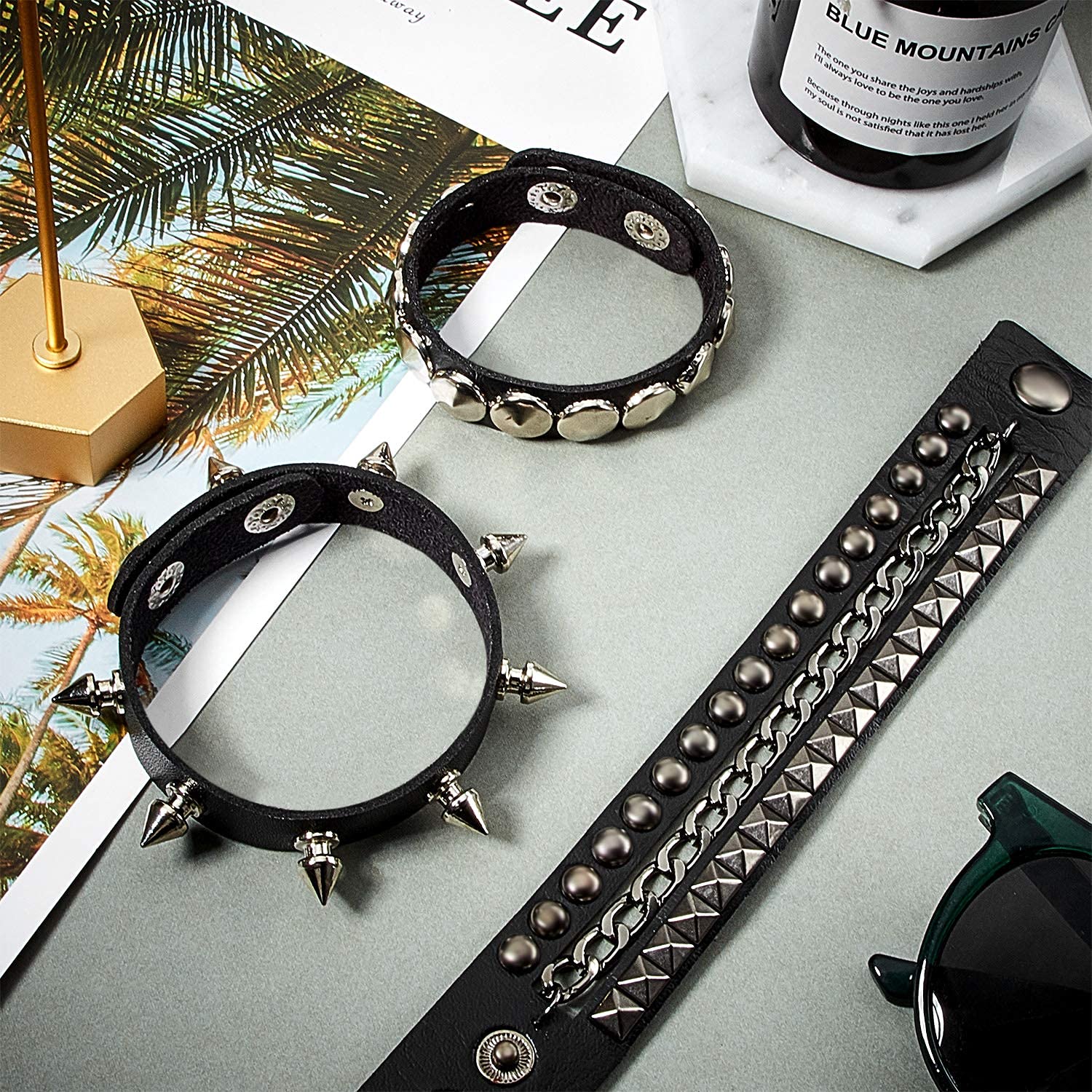 Hicarer 6 Pcs Spiked Studded Bracelets Punk Leather Rivets Bracelet Cuff for Men Women Halloween Accessories(Classic Style)