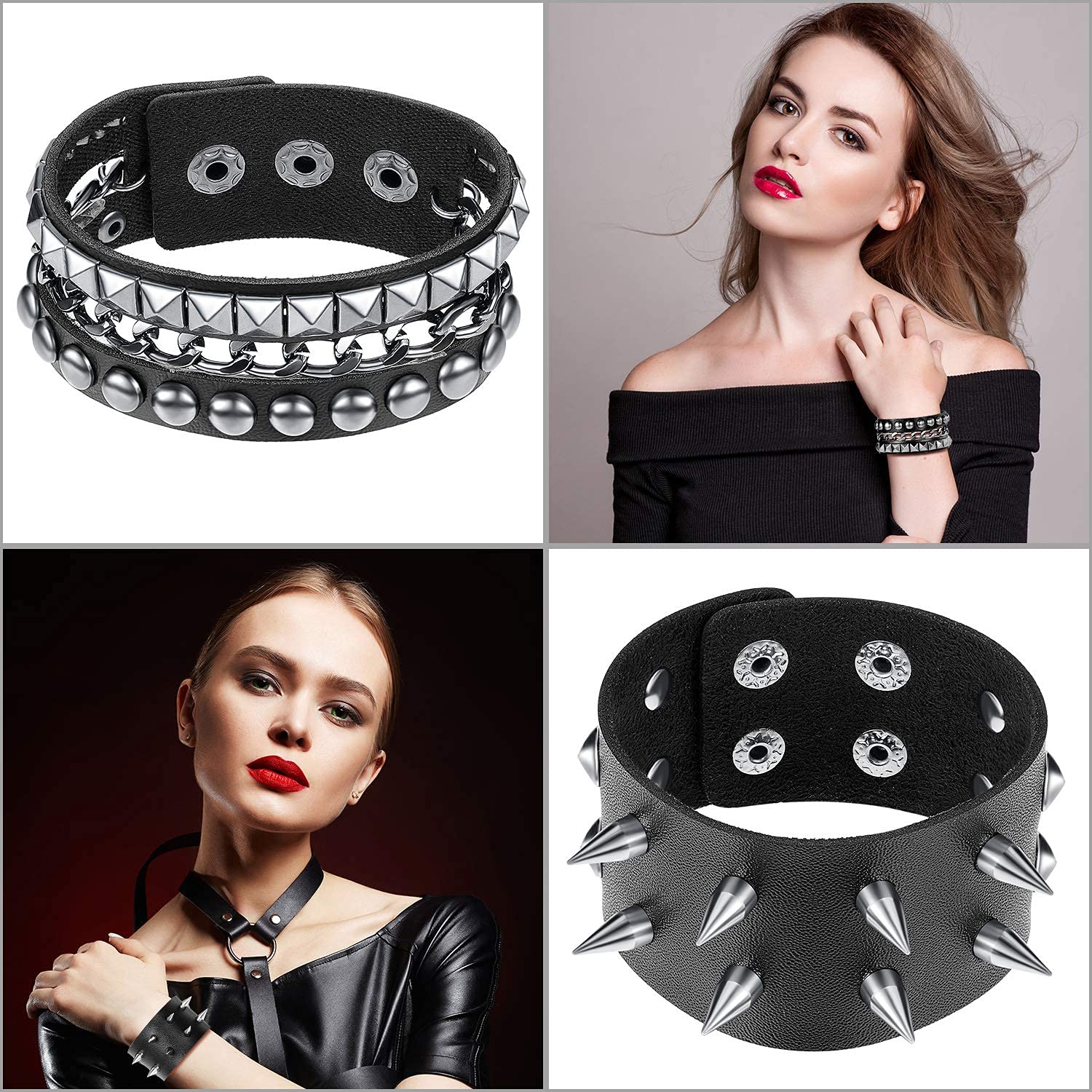 Hicarer 6 Pcs Spiked Studded Bracelets Punk Leather Rivets Bracelet Cuff for Men Women Halloween Accessories(Classic Style)